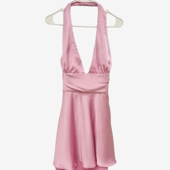 Zara Pink Satin Halter Mini Dress L Bow Waist A-Line Cocktail Party - Picture 6 of 16